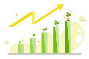 Growth chart with plant growing. Increasing growth rate demonstration with the growth of plant and bar chart on white background. Yellow and green vector illustration.