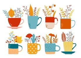 Autumn cup set with branches leaves flat design vector illustration