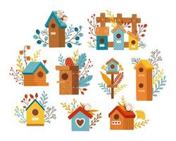 Autumn birdhouse fall season set vector illustration elements