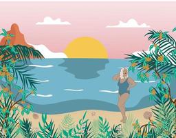 vector de playa tropical chica de talla grande posando en la costa exótica