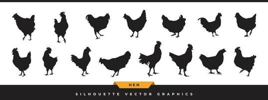 colección de vectores de silueta de gallina. gran conjunto de iconos de silueta de pollo. la imagen prediseñada de gallo o gallina está en diferentes poses aisladas en fondo blanco.