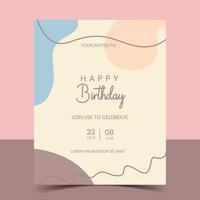 Happy birthday vertical invitation card with pastel colour shape, candle, star. Vector typography hand drawn lettering color illustration for celebrating date birth.