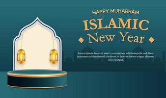 Banner happy muharram islamic new year with podium vector