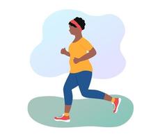 Jogging woman losing weight outdoors. Plump african american girl running in sportswear. Overweight. Morning jog in park. Flat vector illustration