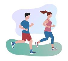 Running couple. Man and woman jogging together outdoors. Healthy lifestyle and fitness concept. Morning jog in park. Flat vector illustration