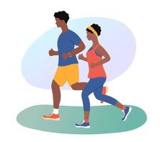 Jogging couple. African american persons man and woman running outdoors. Friends jog together. Healthy lifestyle and fitness concept. Flat vector illustration