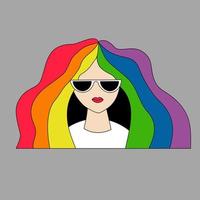 mes del orgullo lgbt. chica lesbiana con gafas negras y cabello arcoiris vector