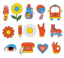 Cute funky hippy stickers. Retro set of 70s 80s style psychedelic groovy elements. Vector clipart vintage hippy style, cartoon funky mushroos and flower, roller-skates, bus, retro phone and band-aid.