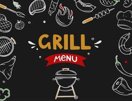 Banner cover for a menu with grill and barbecue elements for a restaurant bar cafe on a black background Vector illustration of doodles