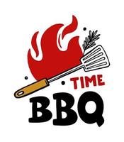 BBQ time hand-drawn inscription slogan food court emblem menu restaurant bar cafe Vector illustration of fire and shovels