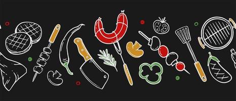 Horizontal pattern with grill and barbecue elements for restaurant bar cafe menu on black background Vector illustration of doodles