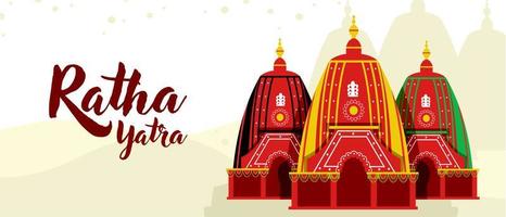 Ratha yatra festival A chariot with wooden deities of Jagannath, Baladeva and Subhadra. Holiday banner greeting card Vector illustration
