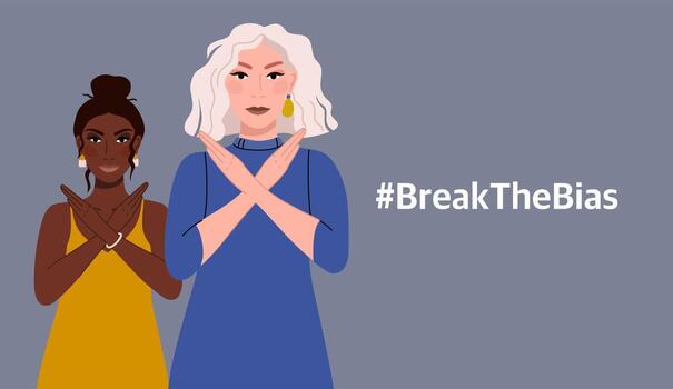 Break the bias. A girl with a dark skin color  The albino girl. Movement against discrimination, inequality and stereotypes. Vector illustration