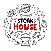 Steak house hand-drawn menu items of restaurant bar cafe Vector illustration of barbecue food doodles