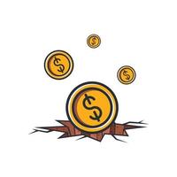 Collection colored thin icon of money coin on collapsing land , deflation economy, business and financial concept vector illustration.