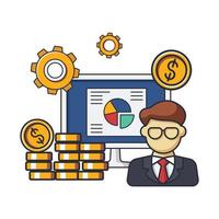 Collection colored thin icon of business man and graph presentation display, money coin, cog , business  and people concept vector illustration.