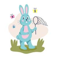 The character rabbit catches butterflies with a net. Spring fun, March. Flat cartoon vector illustration