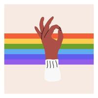 The hand shows the ok sign on the background of LGBT colors. Pride month, LGBT flag, rainbow. Flat vector illustration