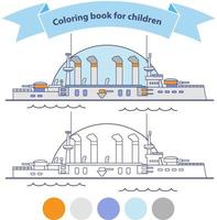 The warship with artillery. Battleship coloring book for children. Outlined doodle. Flat vector.Isolated on a white background. vector