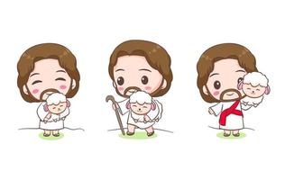 Set collection Cute Jesus and the sheep . Chibi cartoon character isolated white background. vector