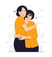 amistad entre dos amigas felices mujeres jóvenes, encontrándose, abrazándose y abrazándose en la ilustración del concepto de amor vector