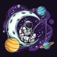 Astronaut Fishing on the Moon in Space Between the Planets vector