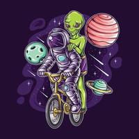Astronauts and Aliens Cycling in Space vector