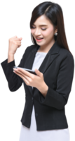 Asian businesswoman success hand from meet target show in smartphone in business suit uniform png