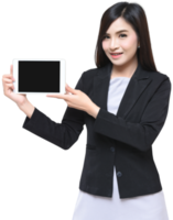 femme d'affaires asiatique avec espace de copie dans une tablette à écran noir en uniforme de costume d'affaires png