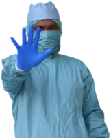 médecin de chirurgie asiatique montre un panneau d'arrêt de la main en uniforme d'infirmière bleu avec masque facial png