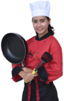 donna asiatica chef sorridente felice con padella da cucina in uniforme rossa e cappello bianco png