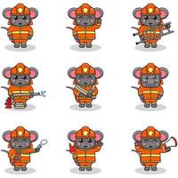 Vector Illustration of Mouse cartoon with Firefighter costume. Set of cute Mouse characters. Collection of funny Mouse isolated on a white background.