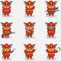 Vector Illustration of Deer cartoon with Firefighter costume. Set of cute Deer characters. Collection of funny Deer isolated on a white background.