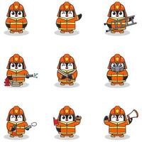 Vector Illustration of Penguin cartoon with Firefighter costume. Set of cute Penguin characters. Collection of funny Penguin isolated on a white background.