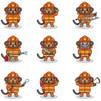 Vector Illustration of Monkey cartoon with Firefighter costume. Set of cute Monkey characters. Collection of funny Monkey isolated on a white background.