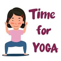 An Asian girl stands with her leg bent. The child is engaged in sports. Time for yoga. Vector illustration in a flat style on a white background.