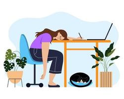 Tired from work, the girl put her head on a table with a computer, a home office with a sleeping cat and indoor plants. Illustration, vector
