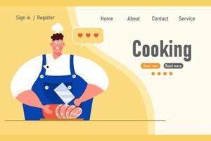 Cute male cook with meat knife and ham and text Cooking. Banner, website concept, illustration, vector