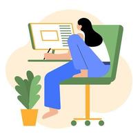 Young woman on an armchair with a computer and a plant in a pot. Online work concept, home office. Illustration, vector