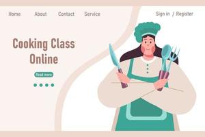 Cute fat woman cook with knife, spoon and fork and text Cooking class online. Banner, website, illustration, vector