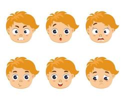 conjunto de caras de chico lindo con diferentes emociones, alegría, sorpresa, tristeza, ira y duda. iconos, ilustración de dibujos animados, vector