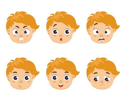 Set of cute boy faces with different emotions, joy, surprise, sadness,  anger and doubt. Icons, cartoon illustration, vector 8483480 Vector Art at  Vecteezy