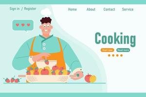 Cute male cook with a dish of different fruits and the text Cooking. Banner, website concept, illustration, vector