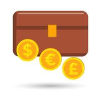 Money icon, wallet and coins, dollar, Euro and pound sterling. Financial illustration, vector