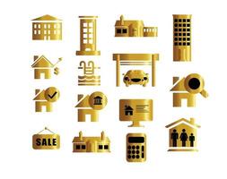 conjunto de iconos de bienes raíces residenciales de oro vector