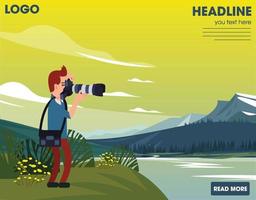 travel banner lake scenery tourists icons vector