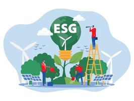 businessman water the plants  on Earth in shape of lightbulb lamp with ecology problem ESG  renewable, green, safe and long term source concept vector