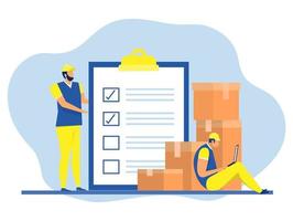 business delivery, man with parcel box and list of parcels,Online shopping, logistics and transportation. Responsible employee and fast delivery. Cartoon flat vector illustration