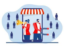 Business people  using megaphone with holding magnet attract new customers icons. Flat social media inbound marketing concept flat vector illustration