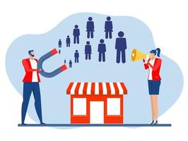 Business people  using megaphone with holding magnet attract new customers icons. Flat social media inbound marketing concept flat vector illustration